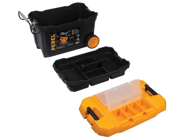 Perel OMTC28 Werkzeugbox – leer, mit Trolley, 2 Rollen, abschliessbar, schwarz/gelb, B 670 × H 400 × T 420 mm