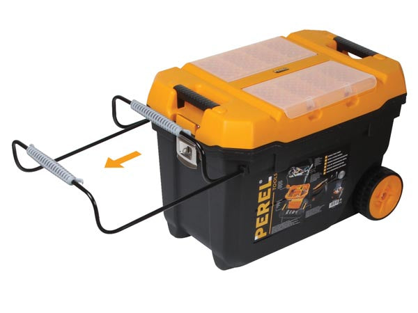 Perel OMTC28 Werkzeugbox – leer, mit Trolley, 2 Rollen, abschliessbar, schwarz/gelb, B 670 × H 400 × T 420 mm