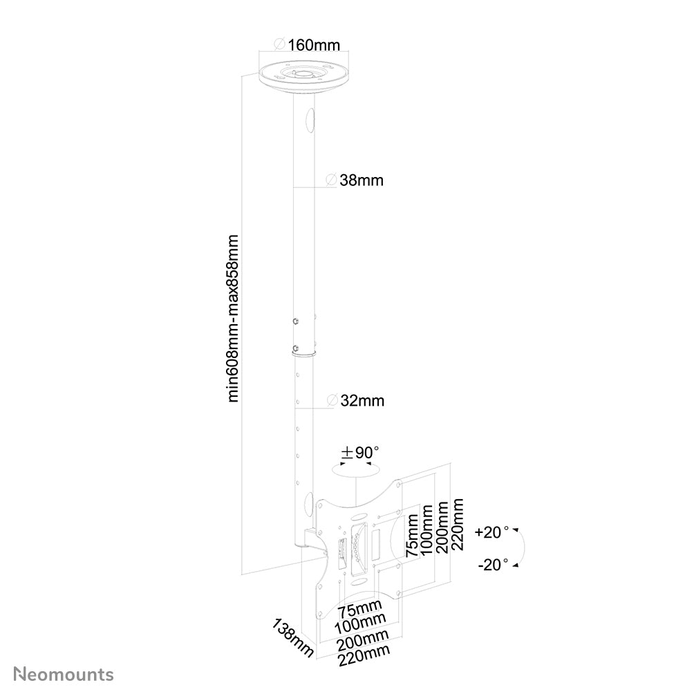 Neomounts Deckenhalterung – 10–40" – VESA 75×75–200×200 – bis 30 kg, Teleskopmast – FPMA-C060BLACK