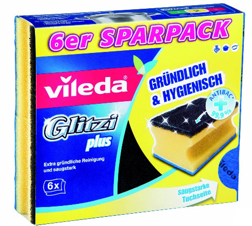 Vileda Scheuerschwamm Glitzi Plus antibakteriell – Schaumstoff, für Geschirr, mehrfarbig, 6 Stk.