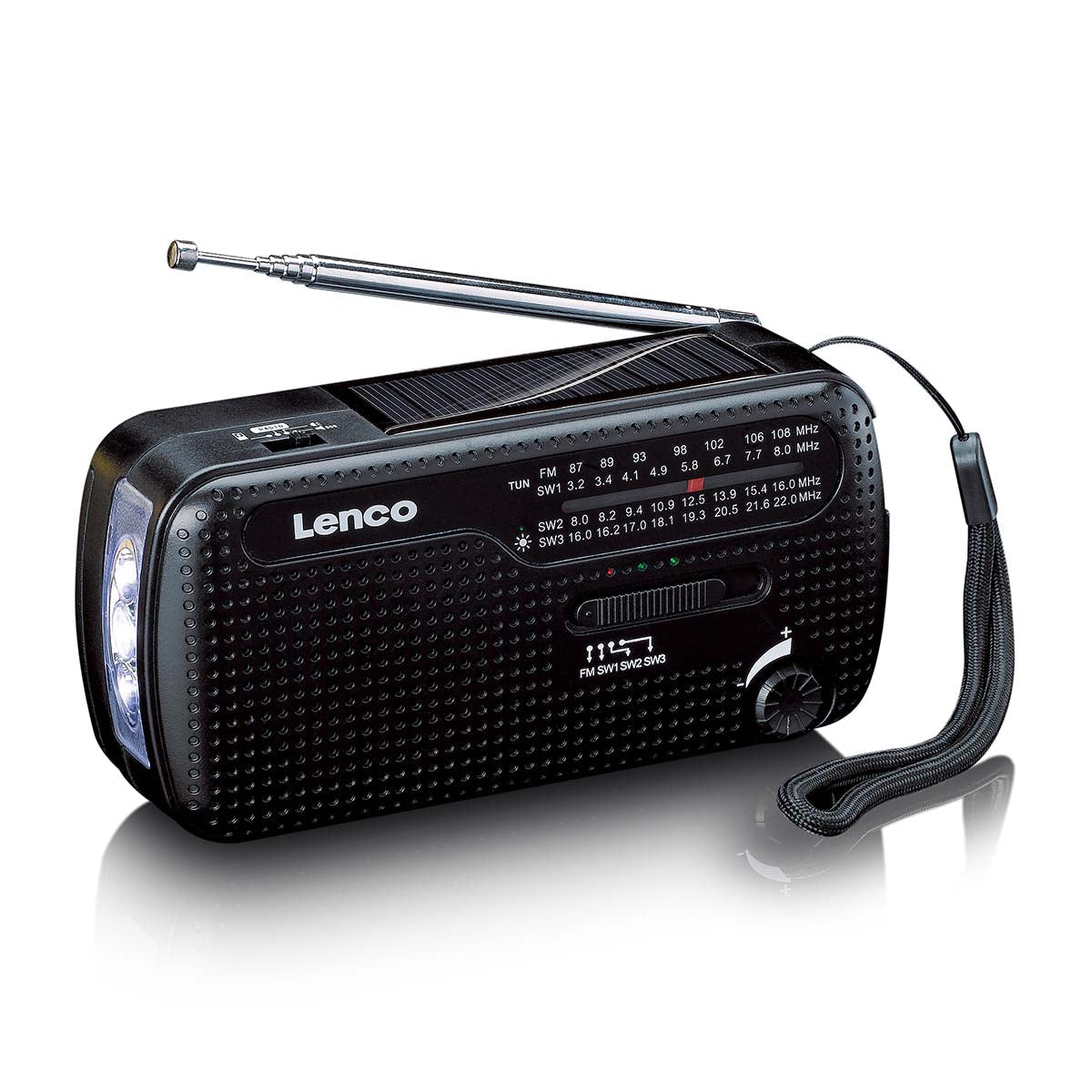Lenco MCR-113BK – Tragbares Radio, UKW, Kurbel/Dynamo, Solar-/USB-C-Ladung, Powerbank, Lampe – Schwarz