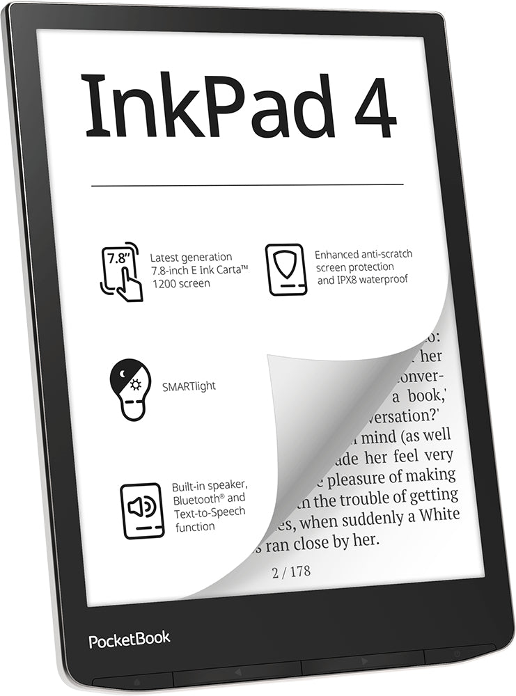 PocketBook InkPad 4 – 7,8" E-Ink Carta, 32 GB, IPX8, Silber