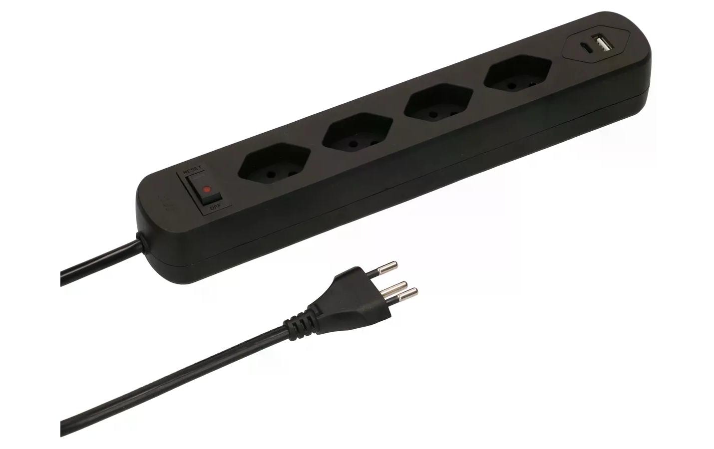 Max Hauri AG Max Hauri Basic-Line – Steckdosenleiste, 4× T13, 1× USB‑A, 1× USB‑C, mit Schalter, 1,5 m, Stecker T12, IP20