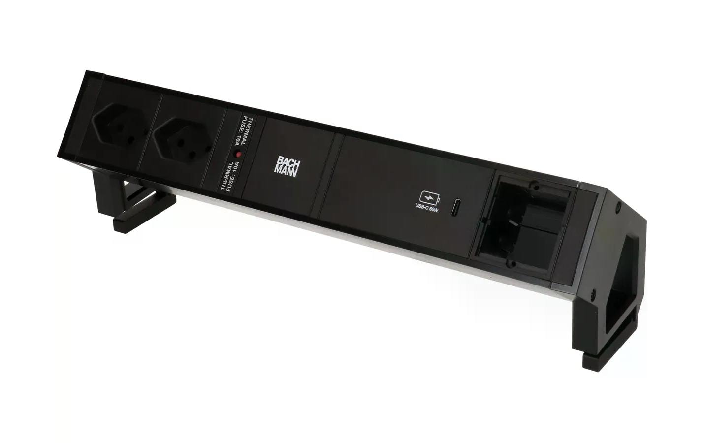 Bachmann DESK 2 Tischsteckdosenleiste, 2×T13, 1×USB-C, 0,2 m Kabel, Montagewinkel – Schwarz
