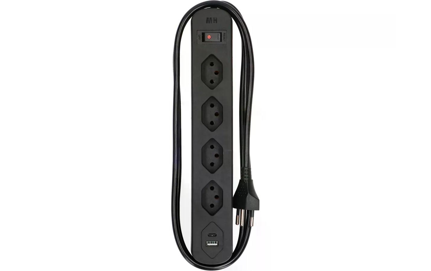 Max Hauri AG Max Hauri Basic-Line – Steckdosenleiste, 4× T13, 1× USB‑A, 1× USB‑C, mit Schalter, 1,5 m, Stecker T12, IP20
