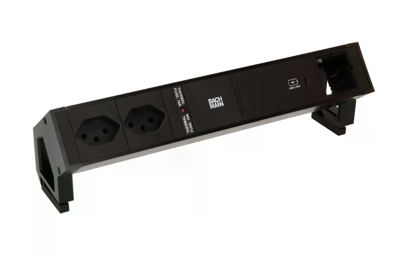 Bachmann DESK 2 Tischsteckdosenleiste, 2×T13, 1×USB-C, 0,2 m Kabel, Montagewinkel – Schwarz