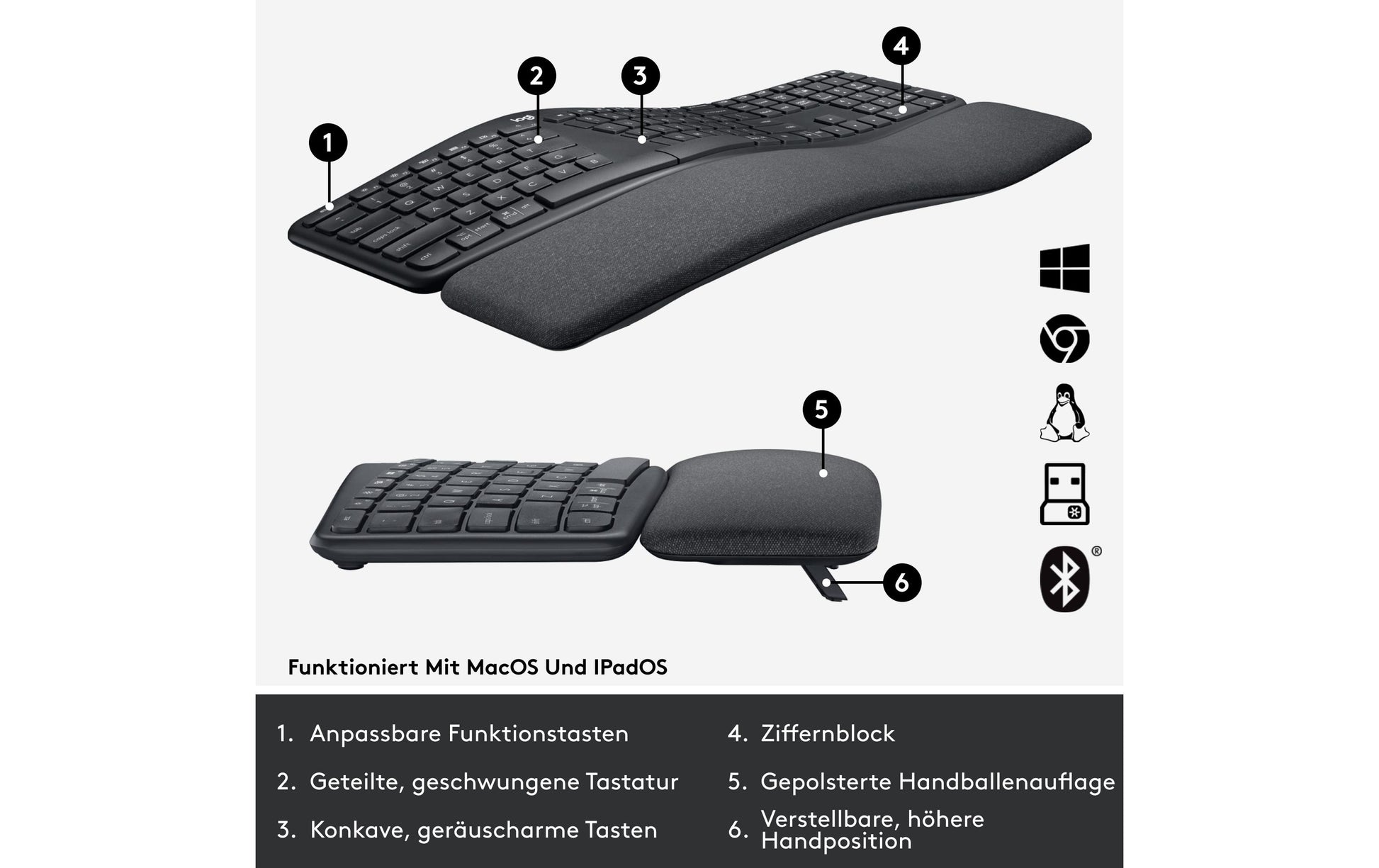 Logitech Ergo K860 – Tastatur, kabellos (Bluetooth/2,4 GHz) – für Windows & macOS