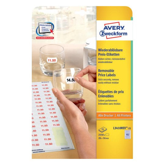 AVERY Zweckform L3410REV-25 – Etiketten A4 26 × 16 mm – Papier – wiederablösbar – 102/Blatt, 25 Blätter