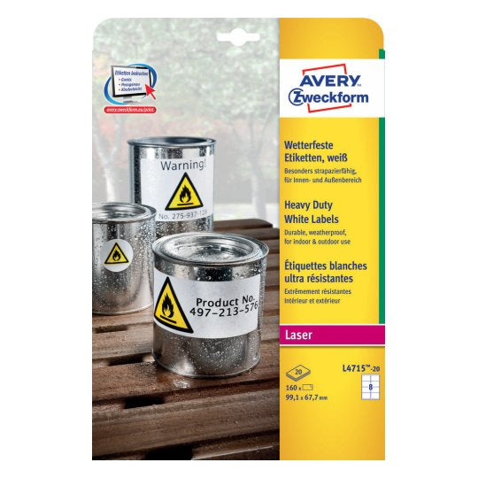 Avery Drucketiketten, 99 mm × 68 mm, weiss, Folie, extra stark, 160 Etiketten (20 Blätter)