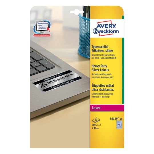 Avery Druckeretiketten, Ø 30 mm (A4), silber, Folie, permanent, 960 Etiketten (20 Blatt)