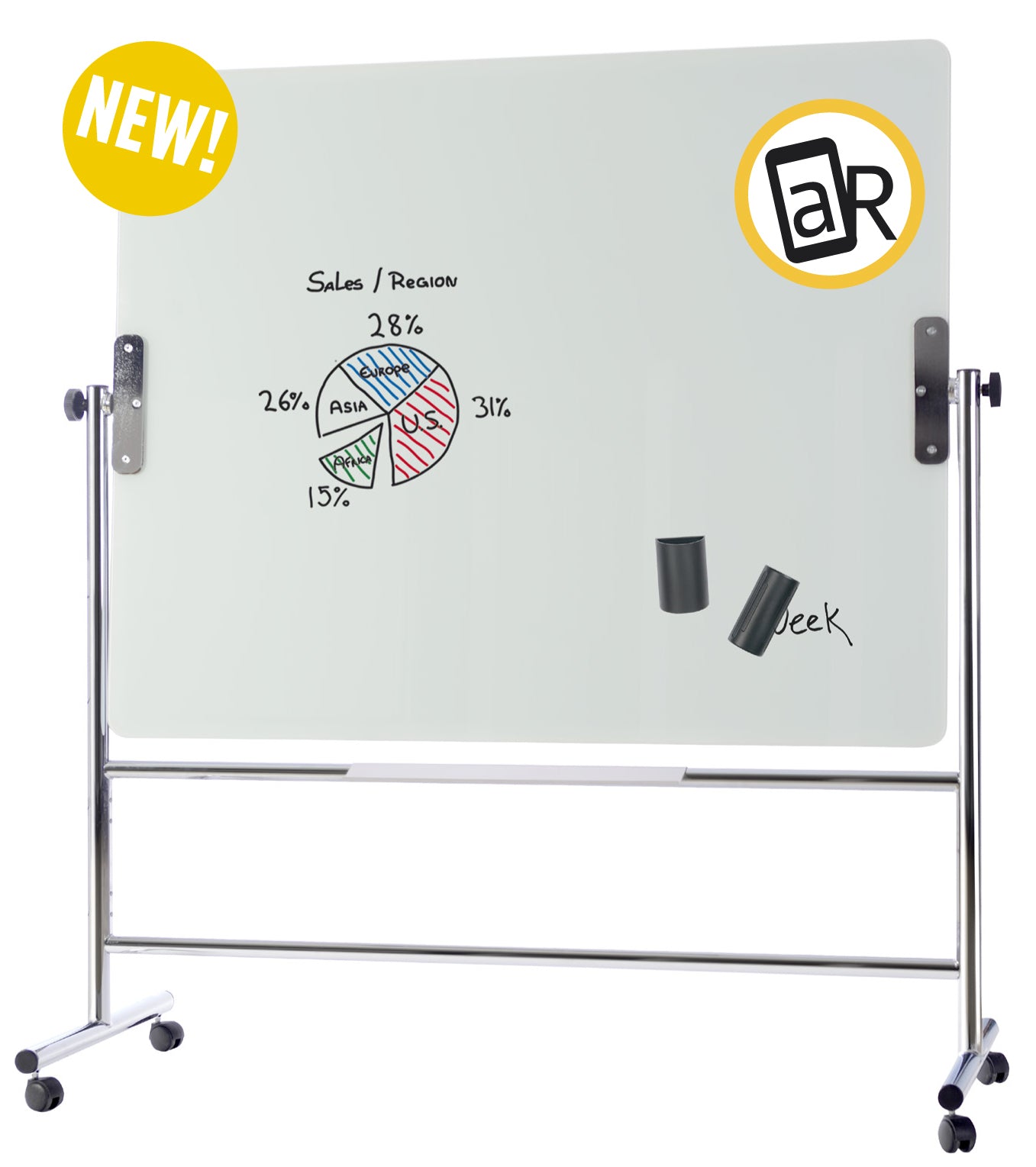 Bi-Office Whiteboard – 150 × 120 cm, Glas, magnetisch, Chromrahmen, mobil, drehbar