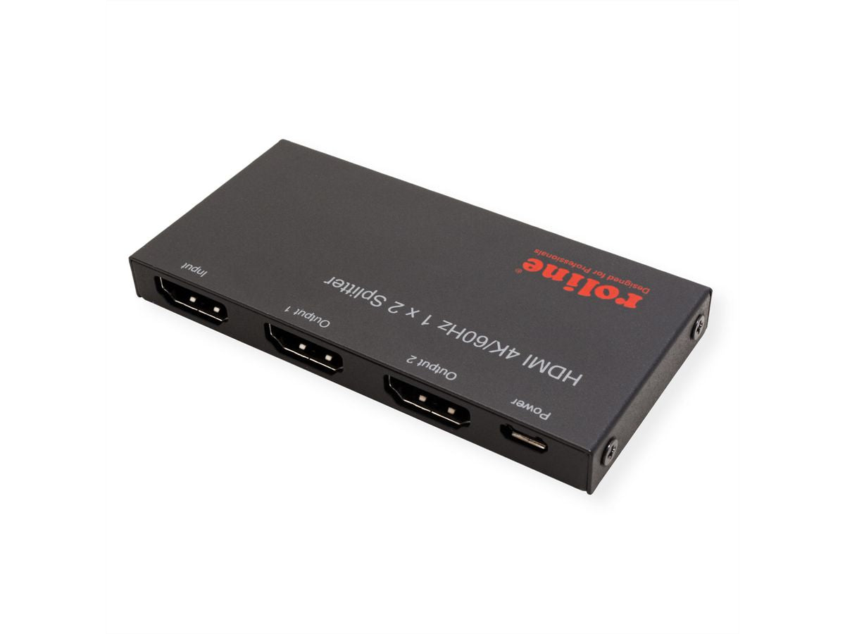 ROLINE HDMI-Splitter, 1× HDMI Eingang / 2× HDMI Ausgang, 4K@60 Hz, HDCP 2.2/1.4, USB-betrieben, Schwarz