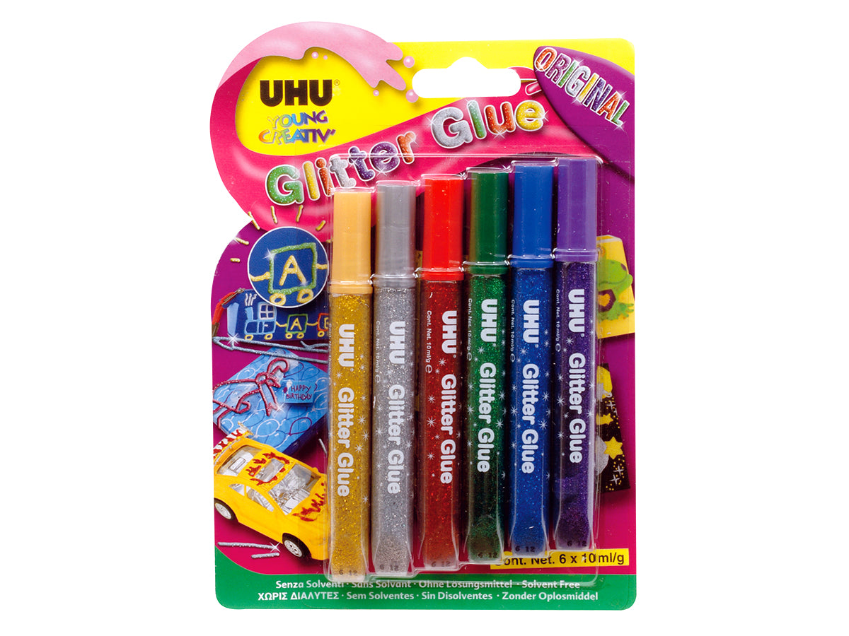 UHU Glitzerkleber – farbig sortiert – Set 6 × 10 ml – auswaschbar, lösungsmittelfrei – zum Basteln