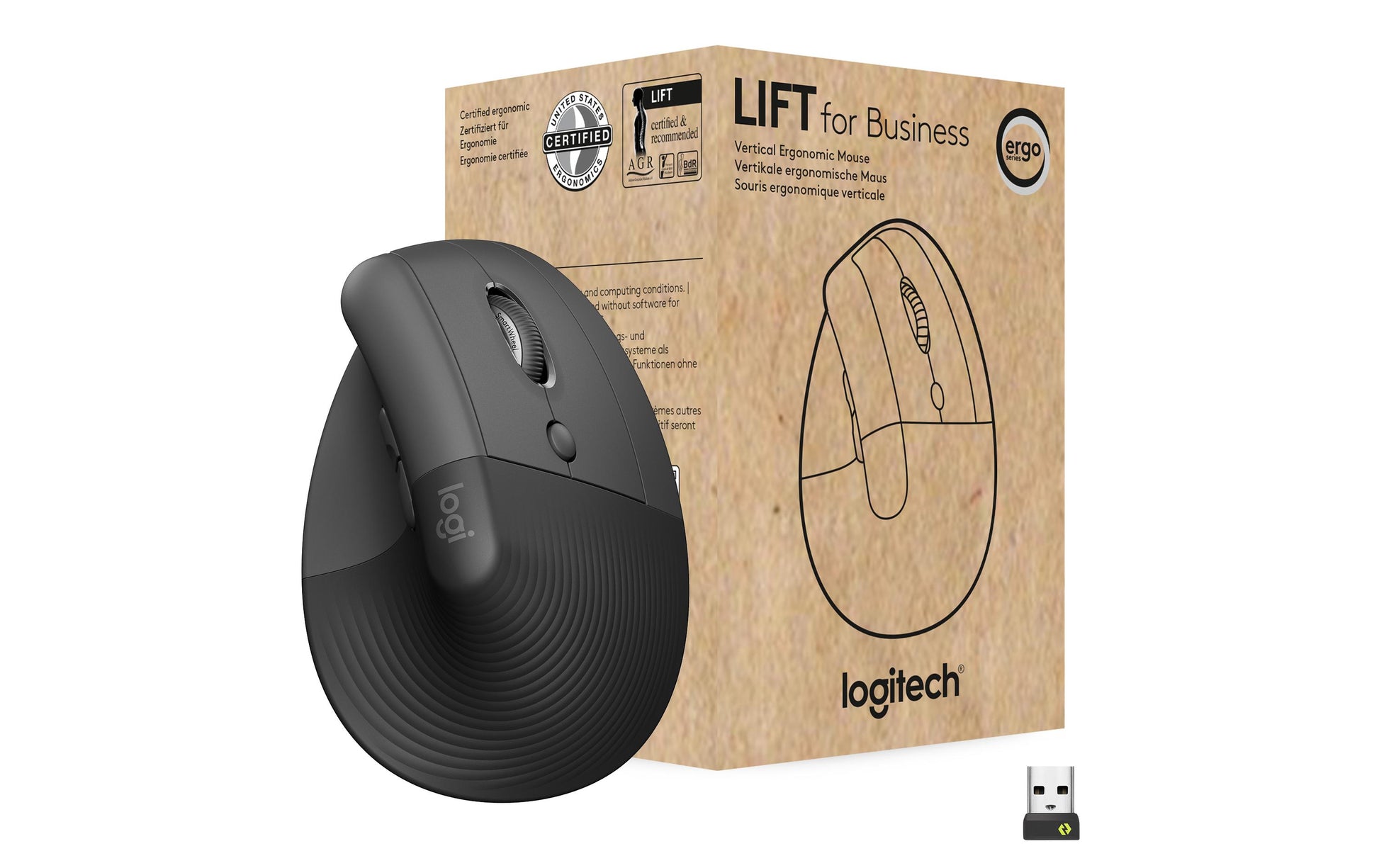 Logitech Lift for Business Ergonomische Maus – kabellos, vertikal, Logi Bolt USB-Empfänger, schwarz