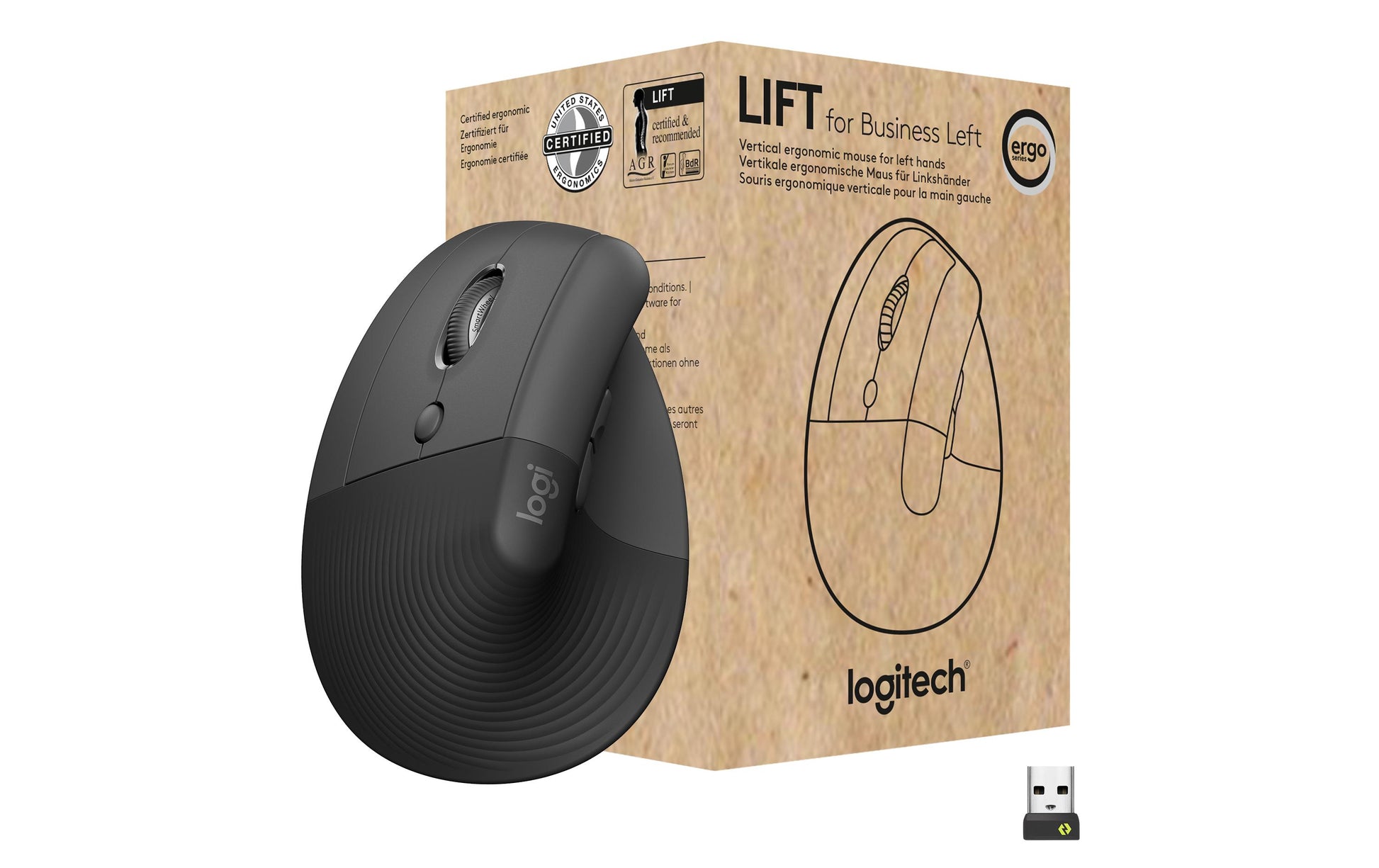 Logitech Lift for Business Linkshändige Ergonomische Maus – für Linkshänder, Graphit/Schwarz