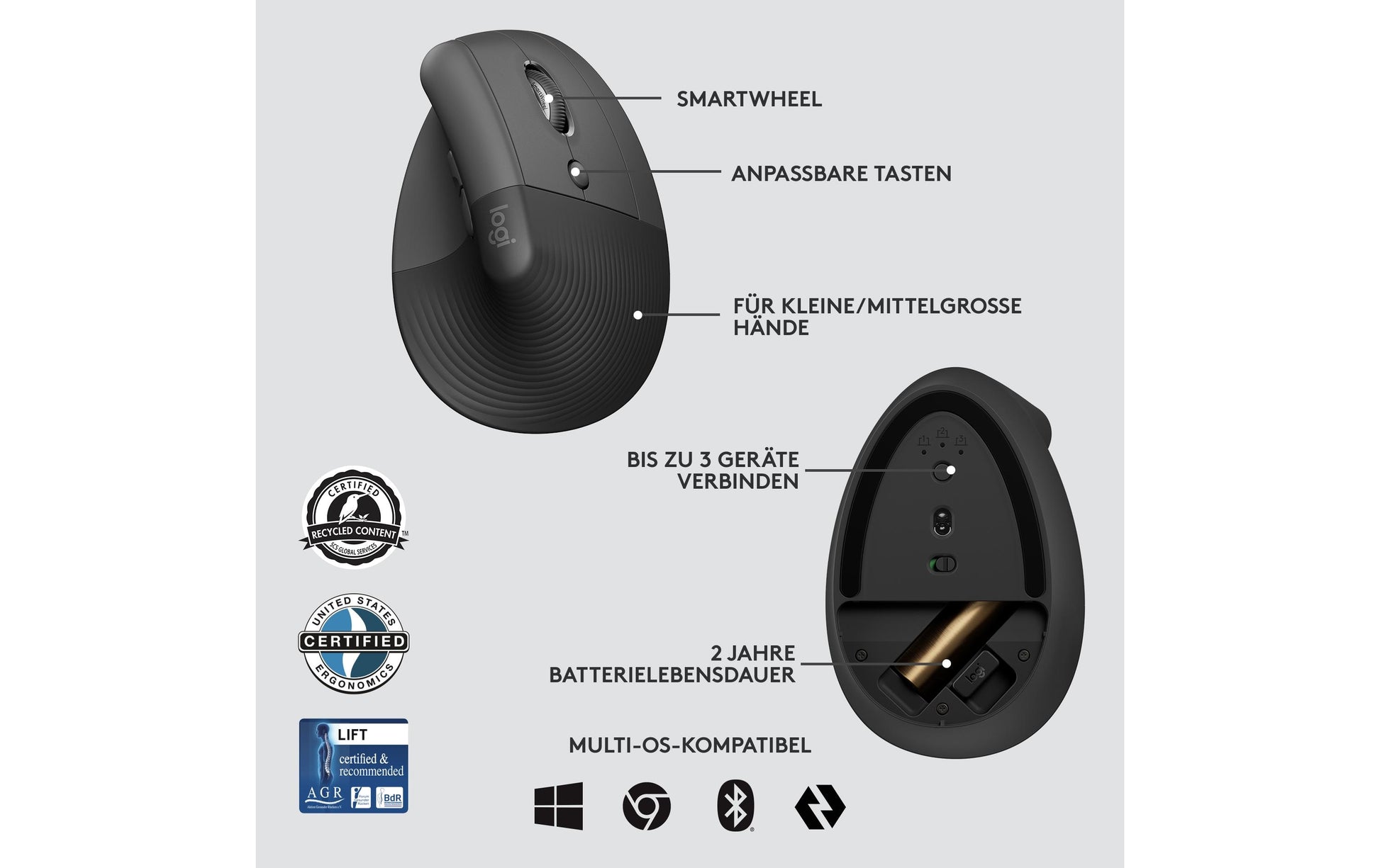 Logitech Lift for Business Ergonomische Maus – kabellos, vertikal, Logi Bolt USB-Empfänger, schwarz