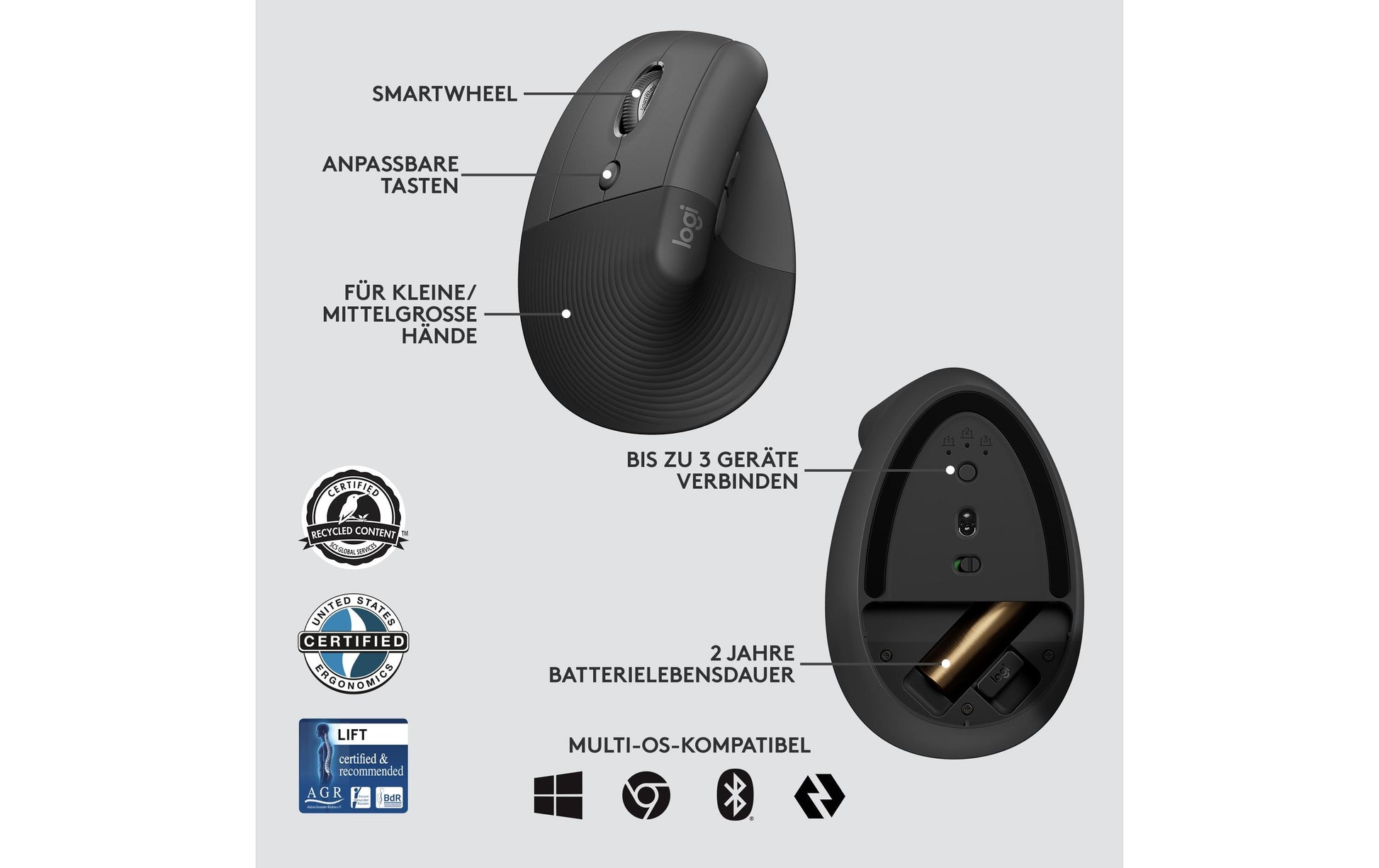 Logitech Lift for Business Linkshändige Ergonomische Maus – für Linkshänder, Graphit/Schwarz