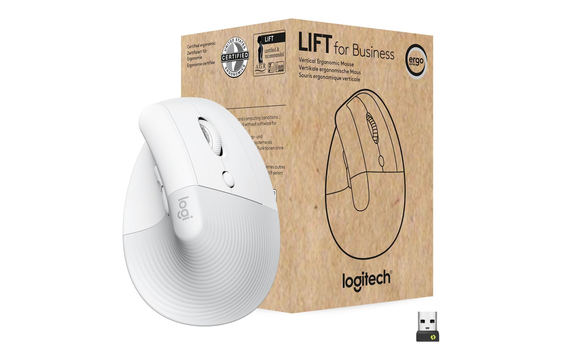 Logitech Lift for Business Ergonomische Maus – kabellos, für Rechtshänder, vertikal, Bolt-Empfänger, weiss