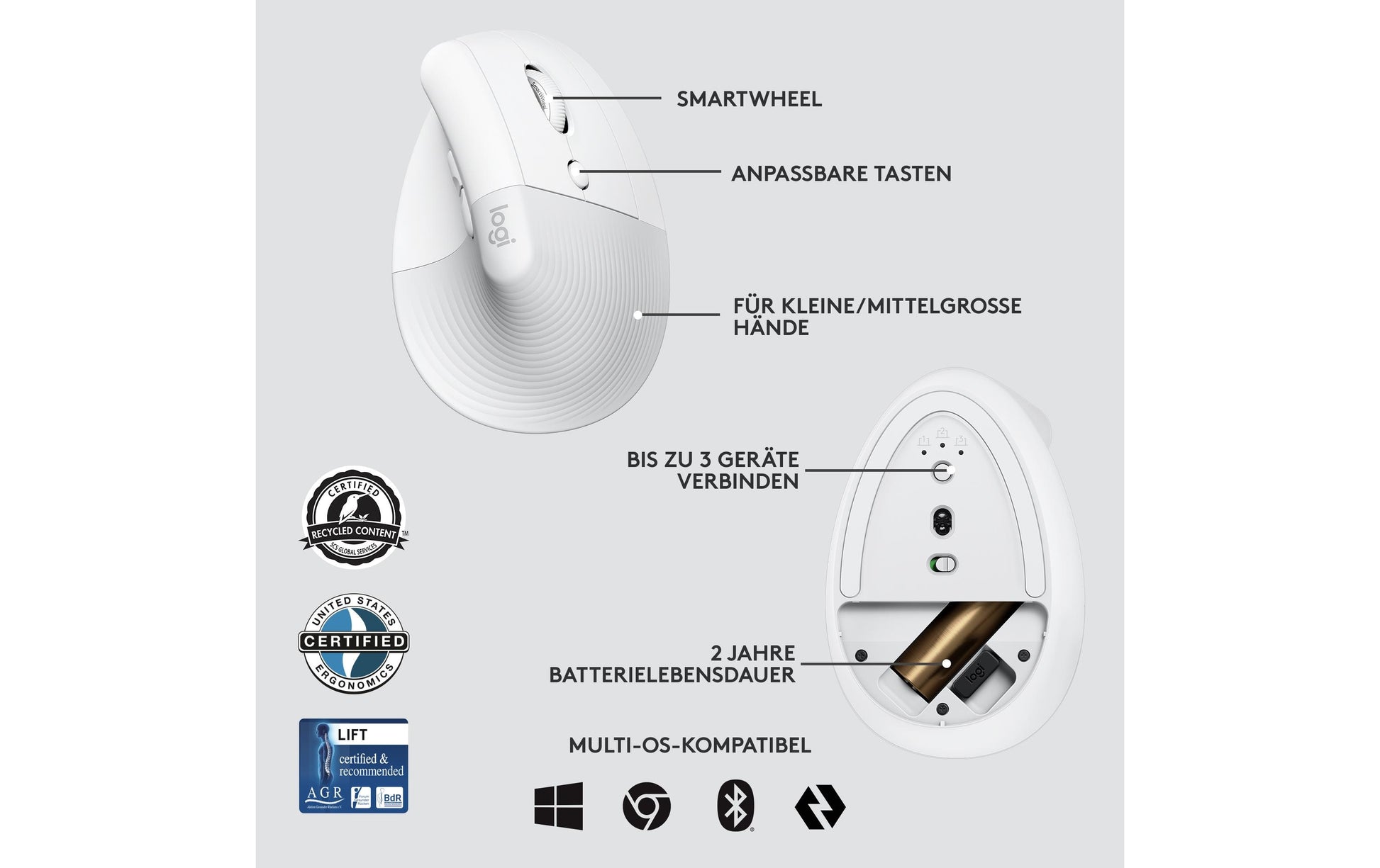 Logitech Lift for Business Ergonomische Maus – kabellos, für Rechtshänder, vertikal, Bolt-Empfänger, weiss