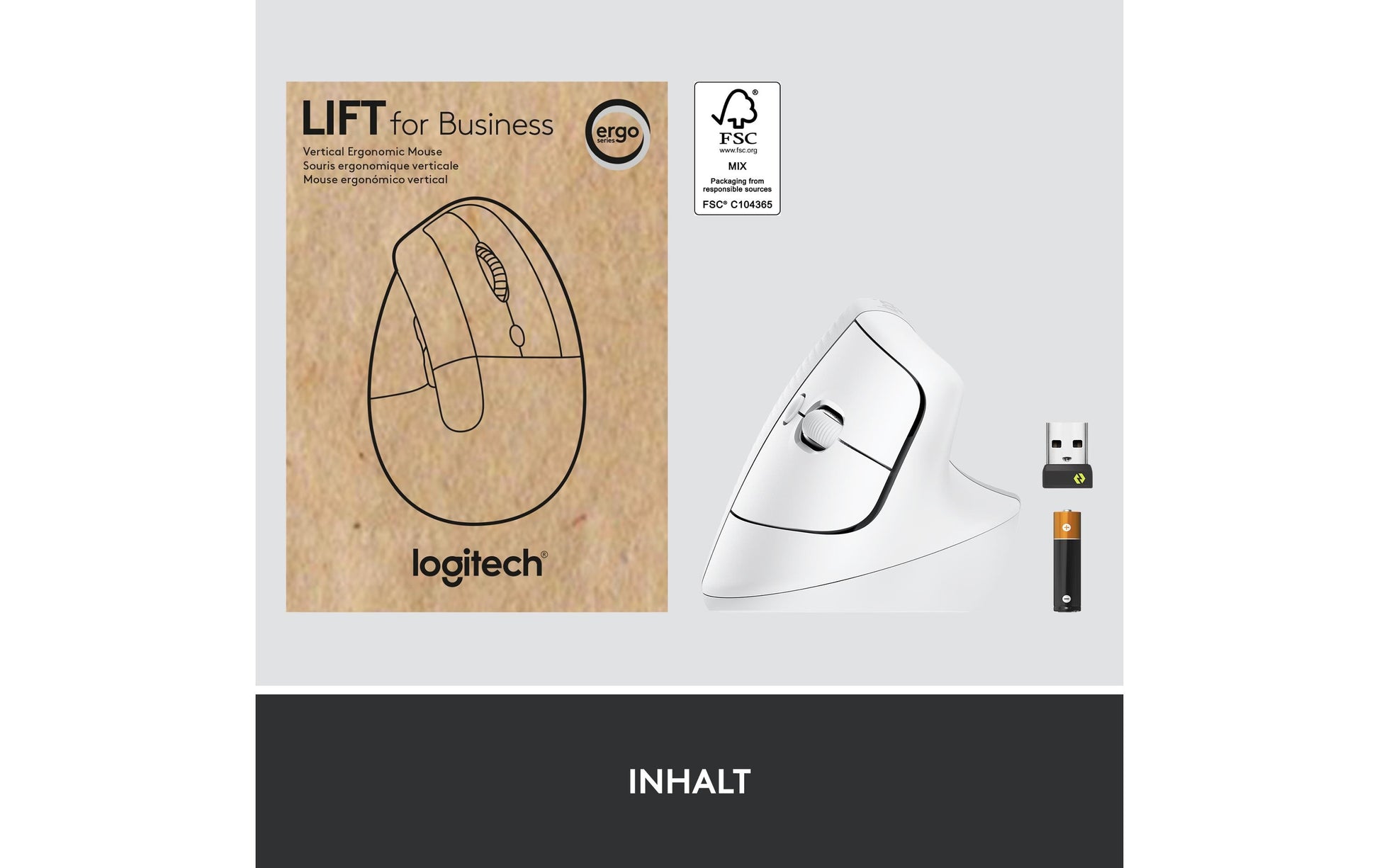 Logitech Lift for Business Ergonomische Maus – kabellos, für Rechtshänder, vertikal, Bolt-Empfänger, weiss