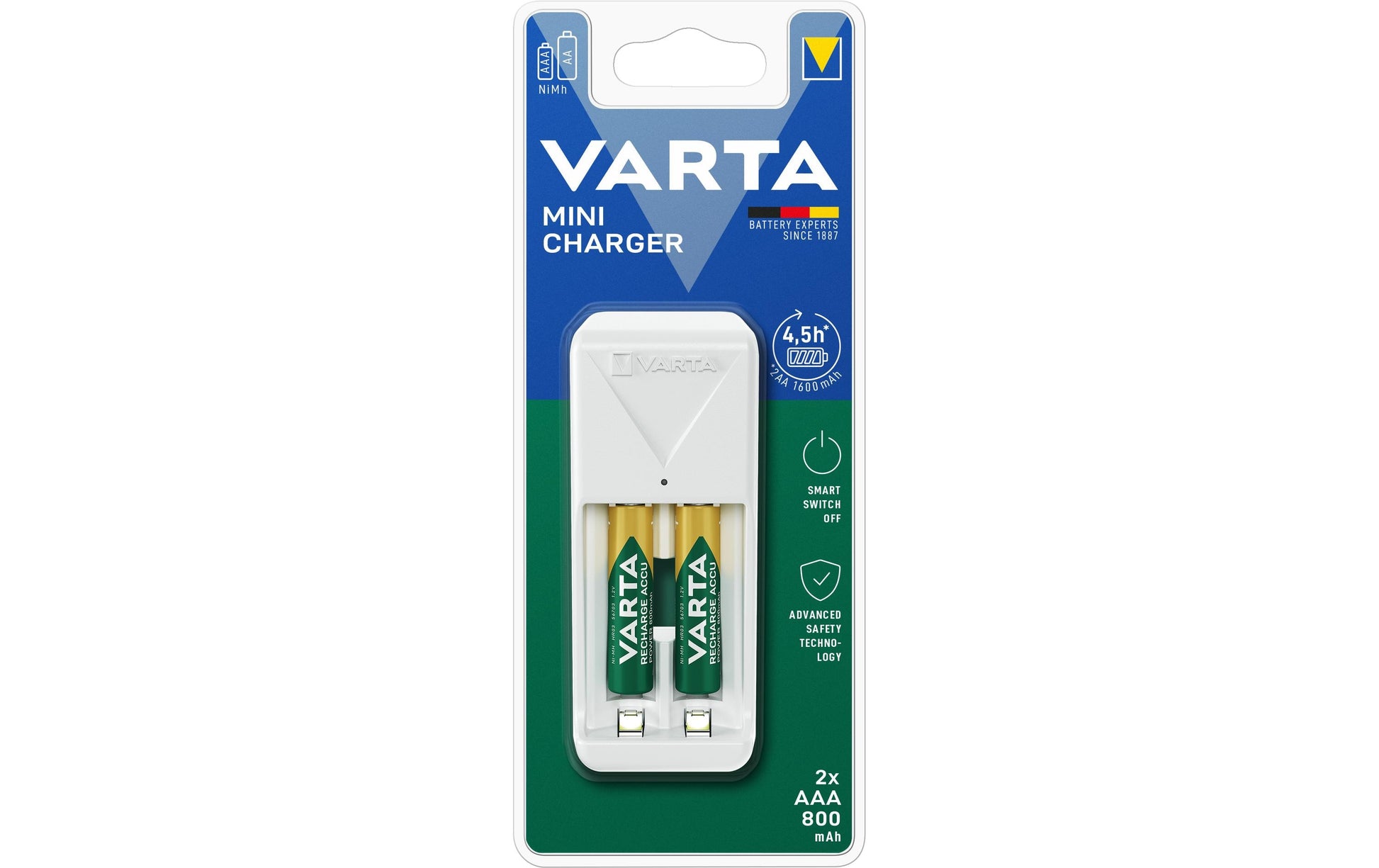 Varta Mini Ladegerät 56703 Batterieladegerät 2× – für AA, AAA (NiMH) – inkl. 2 Akkus – weiss