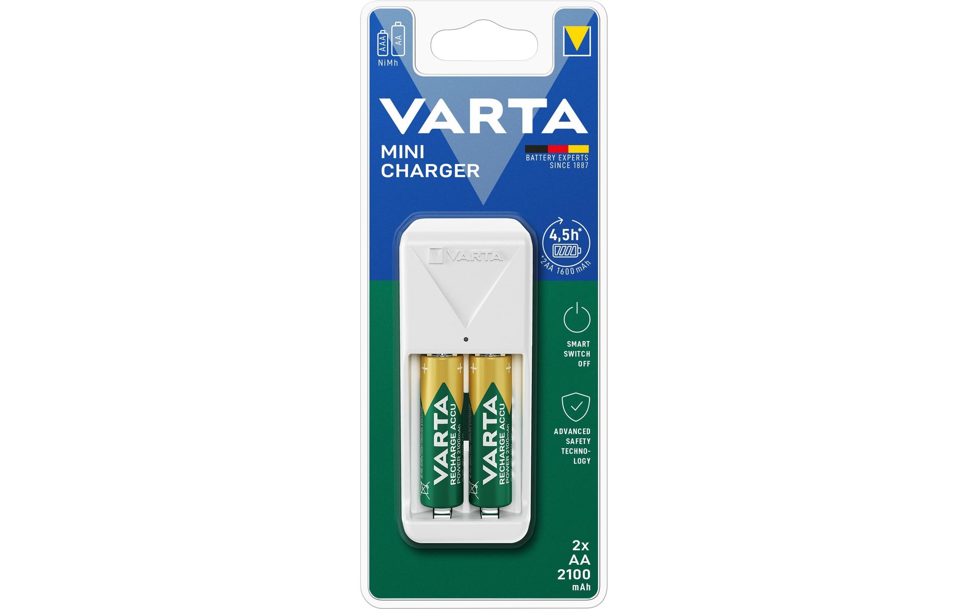 Varta Mini Charger 56706 Batterieladegerät 2× – für AA, AAA (NiMH) – inkl. 2× Akkus