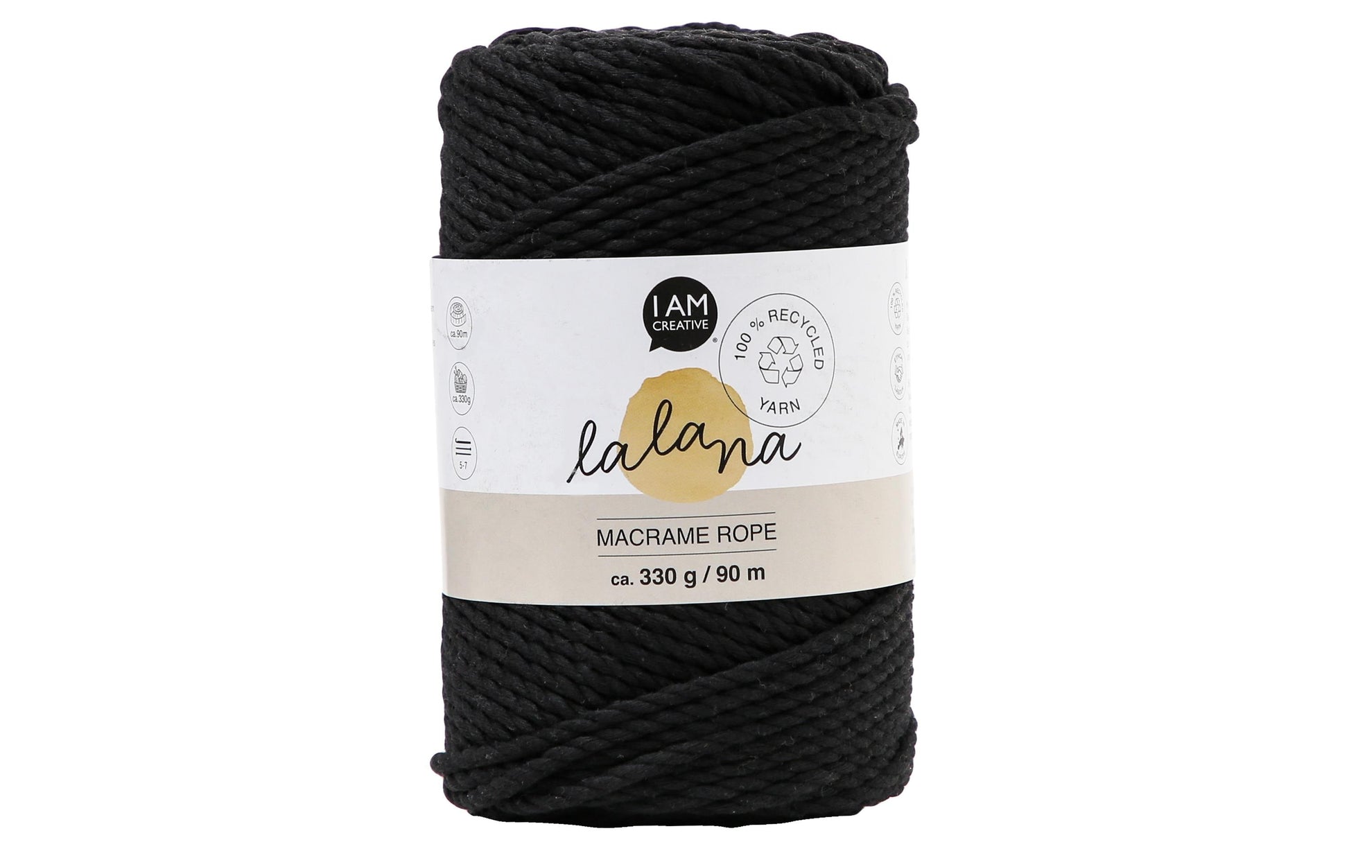 lalana Makramee-Kordel Schwarz – Ø 3 mm, 330 g, 90 m, 20% Mischfasern/80% Baumwolle, 1 Stk.