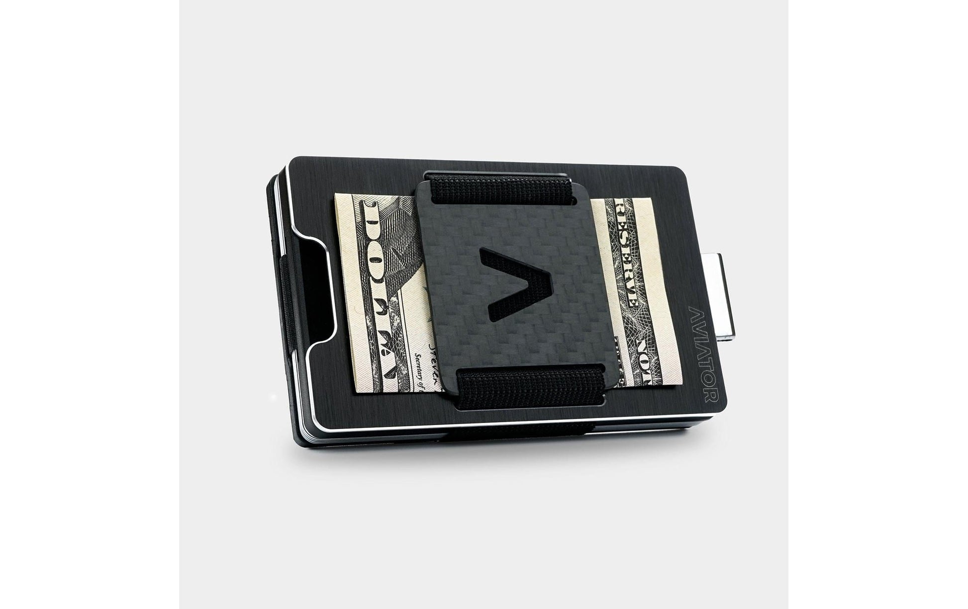 Aviator Wallet Brieftasche – RFID-Schutz, 20 Karten, Münzfach, Clip-Verschluss – 86 × 11 × 54 mm – Schwarz