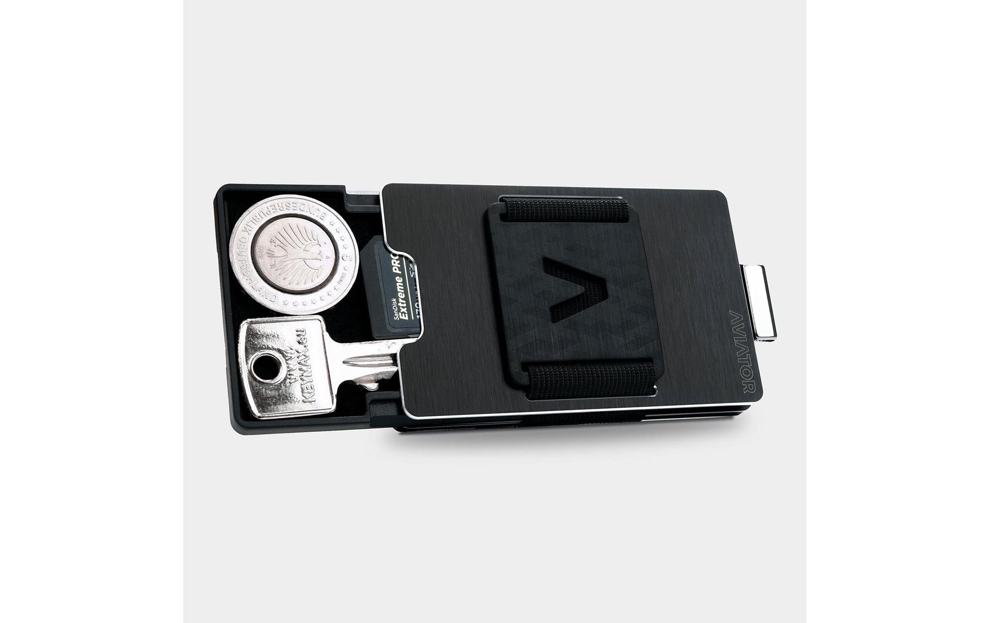 Aviator Wallet Brieftasche – RFID-Schutz, 20 Karten, Münzfach, Clip-Verschluss – 86 × 11 × 54 mm – Schwarz