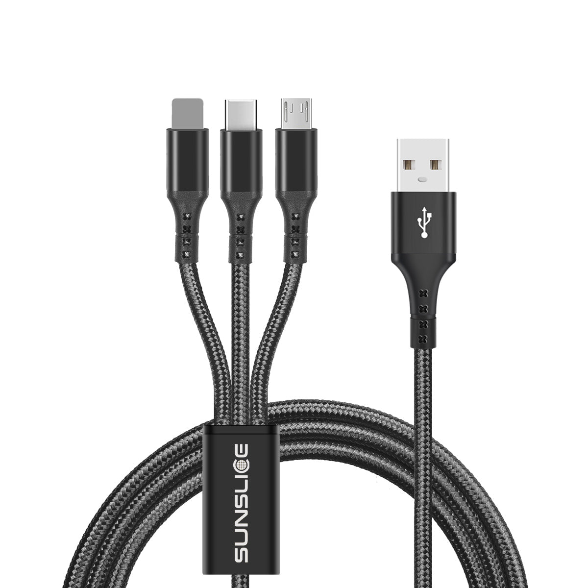 Sunslice Multi-Kabel – 3-in-1 USB-A auf USB-C/Micro-USB/Lightning 1 m, PD 12 W, Schwarz – für iPhone/Android
