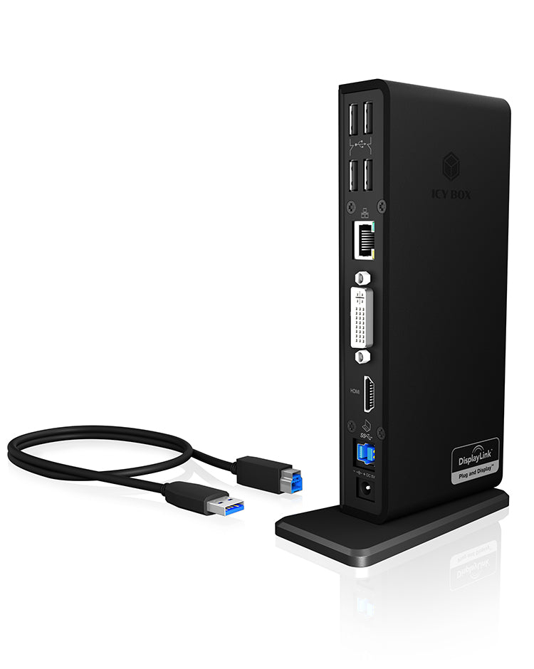 ICY BOX IB-DK2241 Dockingstation – USB-A, 1× HDMI, 1× DVI, 6× USB-A, GbE, 3,5 mm Audio, für Windows/Mac
