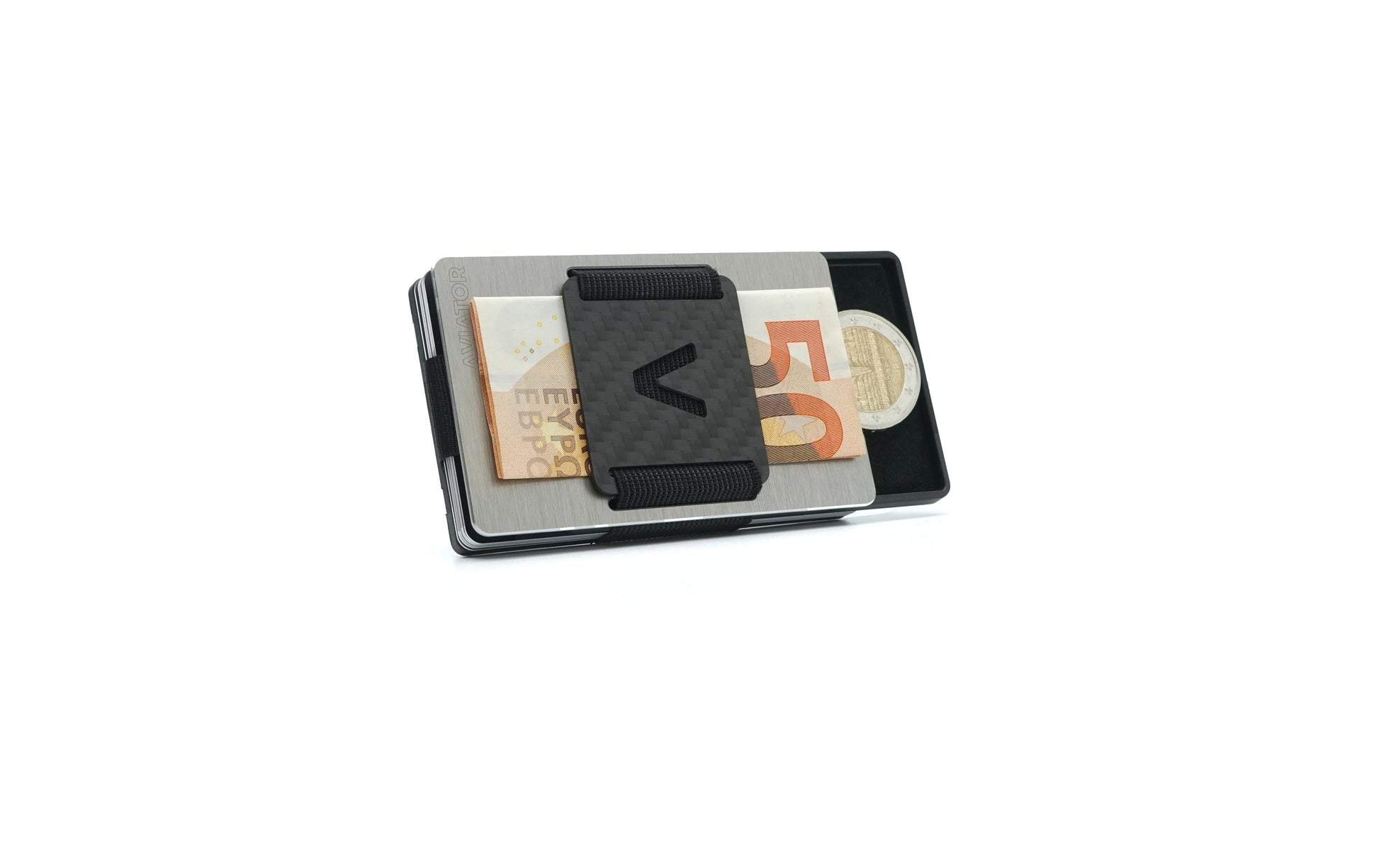 Aviator Wallet AVIATOR – Kartenetui/Brieftasche SLIDE – mit RFID-Schutz, Clip-Verschluss, Münzfach – 20 Karten – Silber