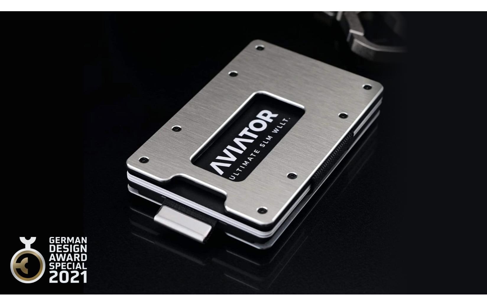 Aviator Wallet AVIATOR – Kartenetui/Brieftasche SLIDE – mit RFID-Schutz, Clip-Verschluss, Münzfach – 20 Karten – Silber