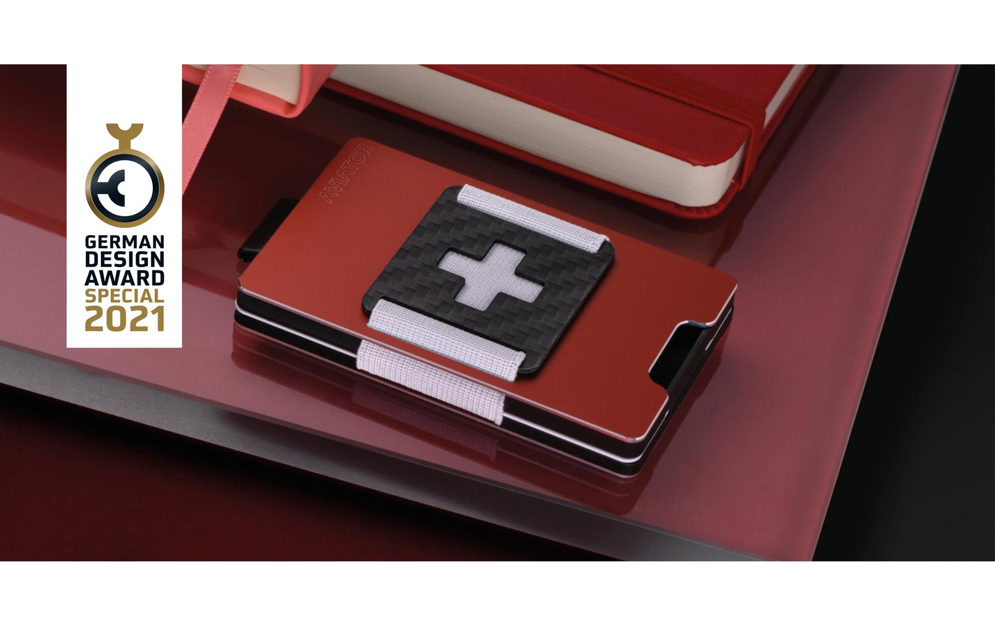 Aviator Wallet AVIATOR – Kartenetui SLIDE – 20 Karten, Münzfach, RFID-Schutz – 85,6×10,5×54 mm – Rot – Aluminium