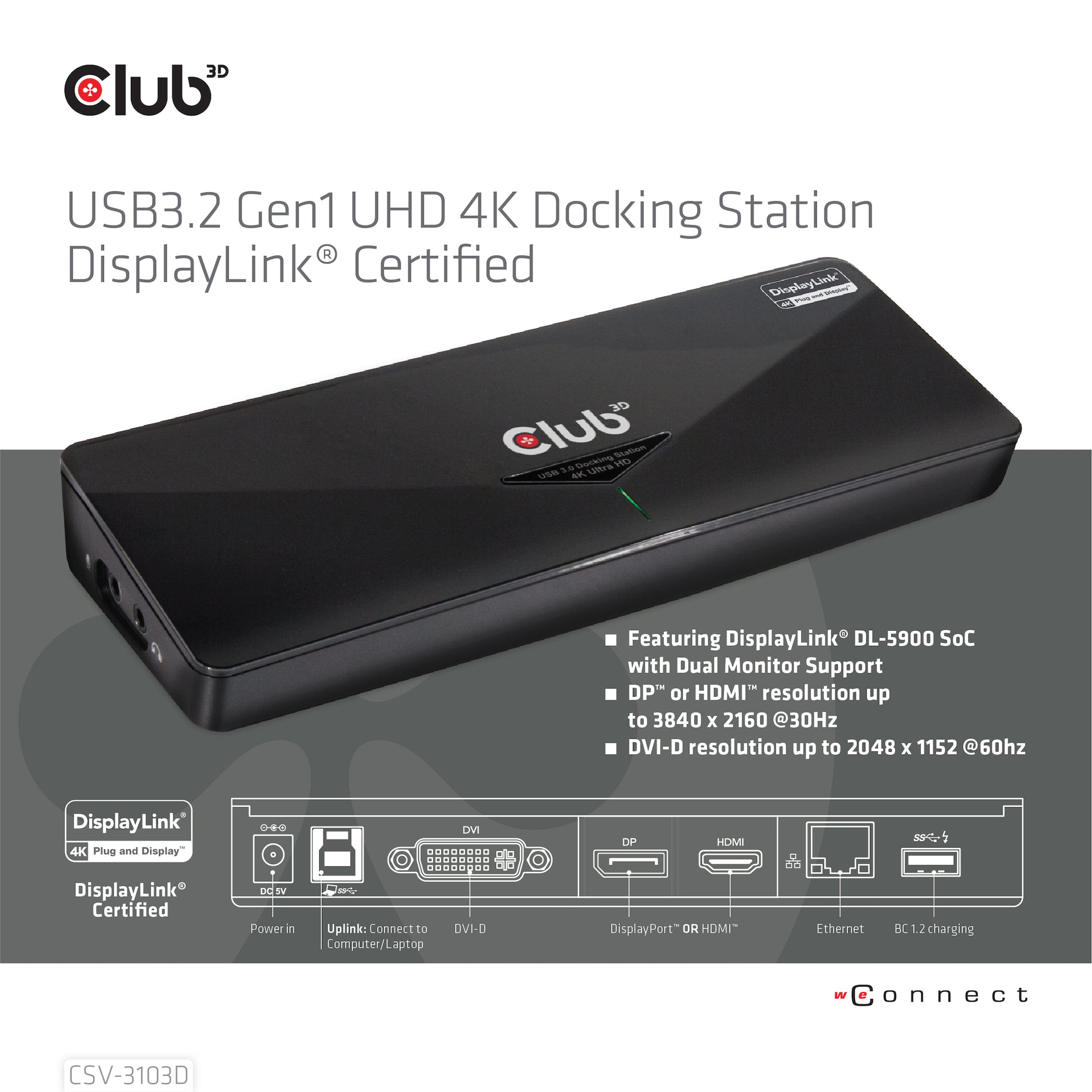 CLUB3D Club 3D CSV-3103D Dockingstation – USB-A, 1× DP, 1× HDMI, 1× DVI, 3× USB-A, GbE, 3,5 mm Audio, für Windows