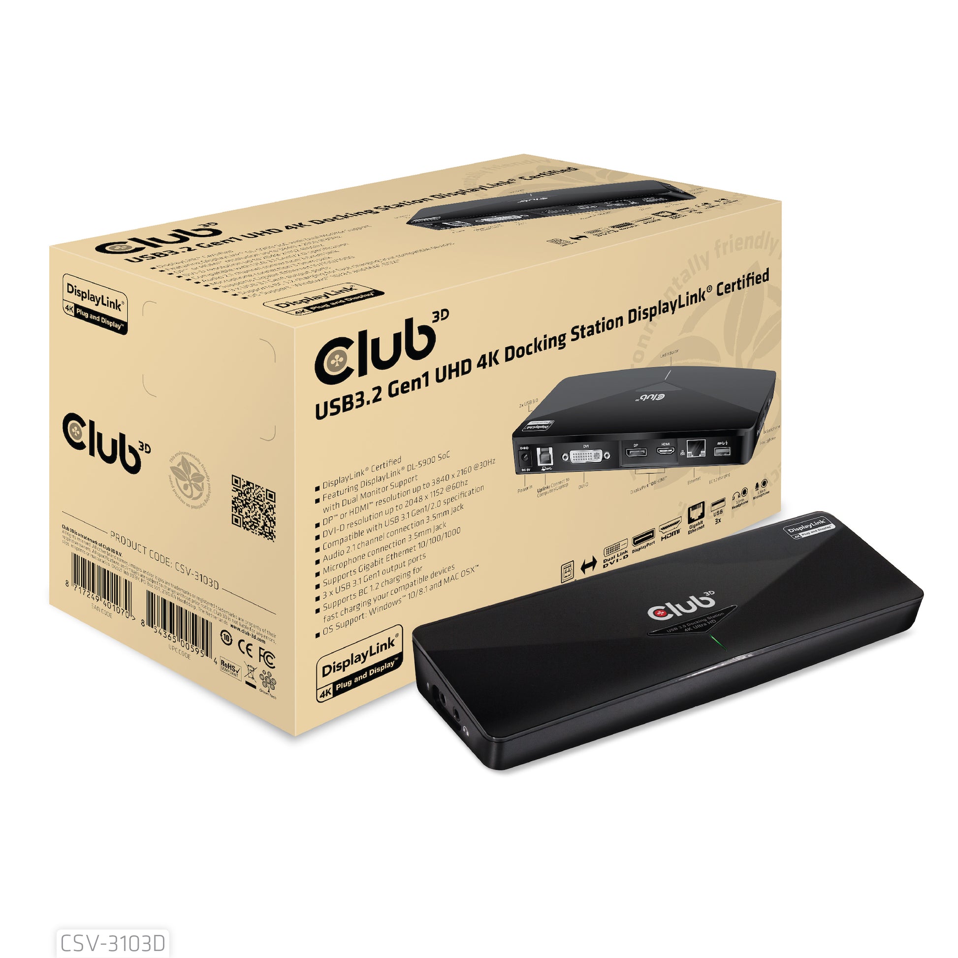 CLUB3D Club 3D CSV-3103D Dockingstation – USB-A, 1× DP, 1× HDMI, 1× DVI, 3× USB-A, GbE, 3,5 mm Audio, für Windows