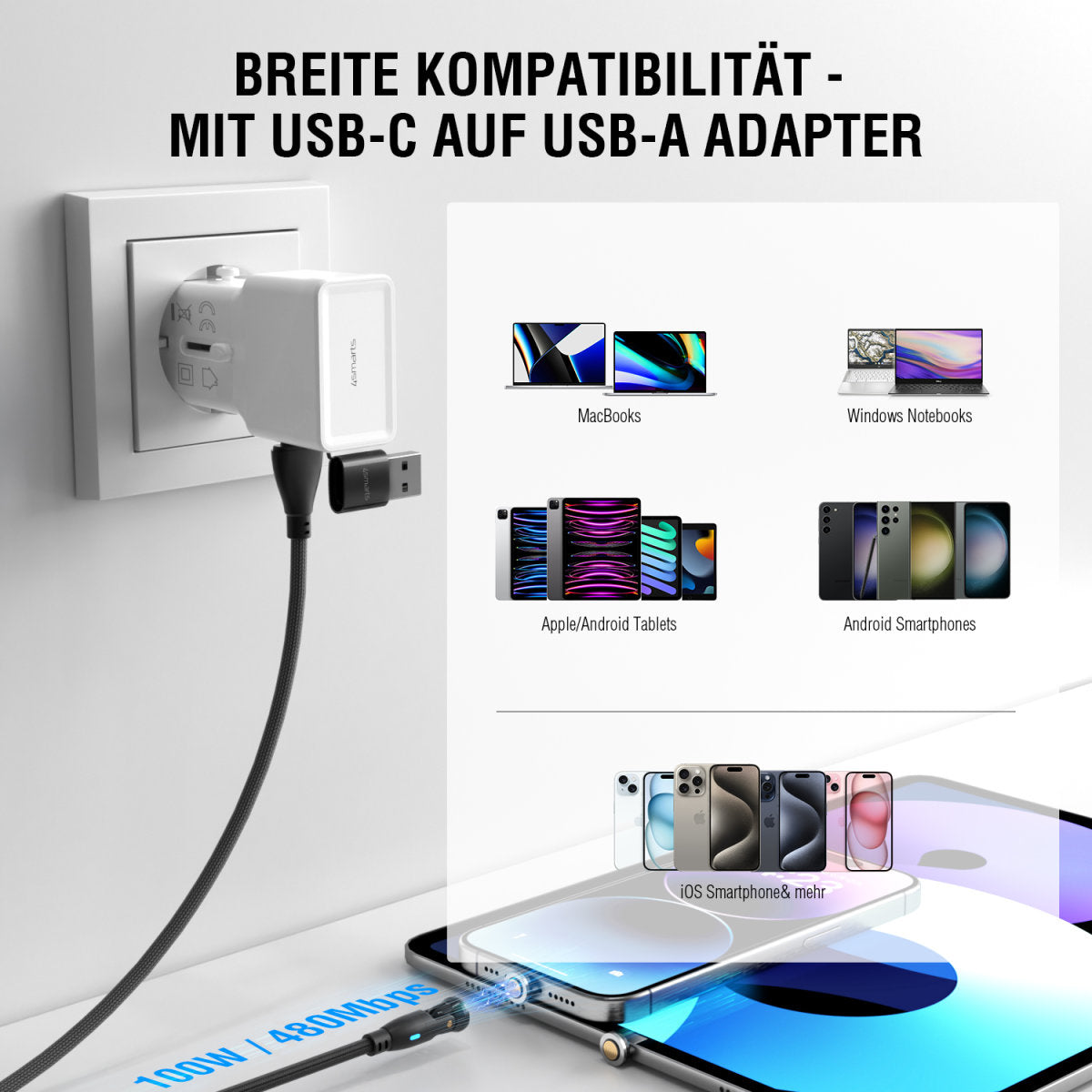 4smarts USB-C auf USB-A Kabel – USB 2.0 (480 Mbit/s) – 1,8 m – PD 100 W – für Laptop, Smartphone und mehr