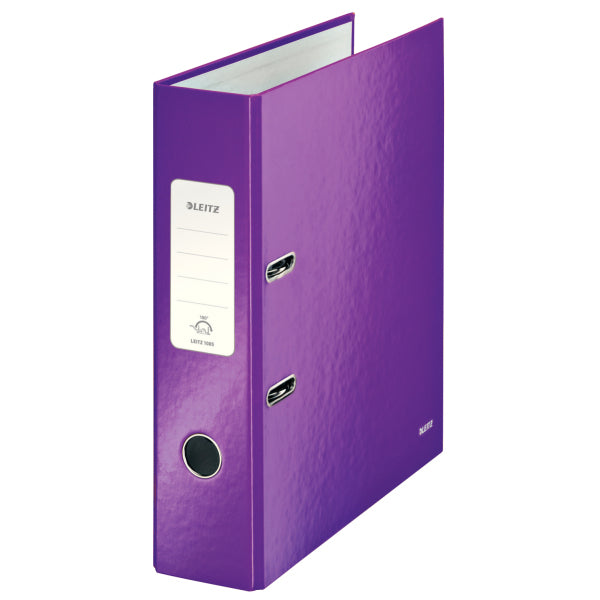 Leitz Ordner – A4 hoch – 2-Ring Hebelmechanik, Rücken 80 mm – violett, mit Griffloch, mit Raumsparösen, FSC