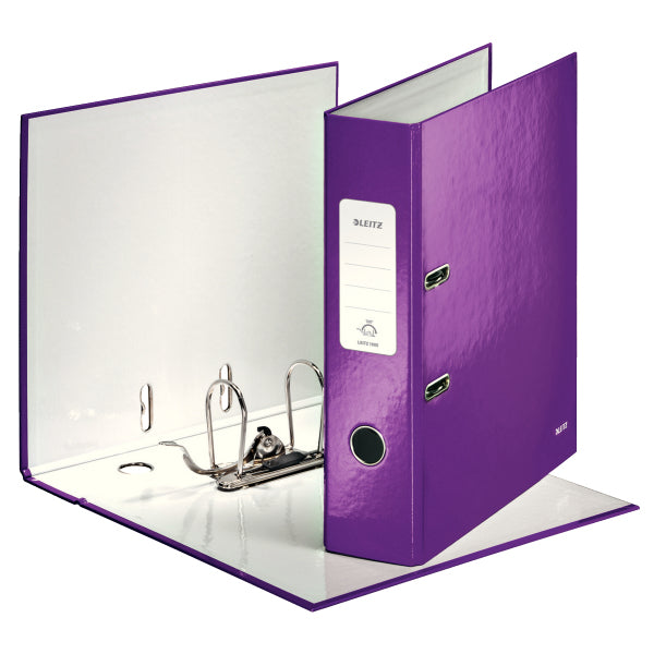 Leitz Ordner – A4 hoch – 2-Ring Hebelmechanik, Rücken 80 mm – violett, mit Griffloch, mit Raumsparösen, FSC