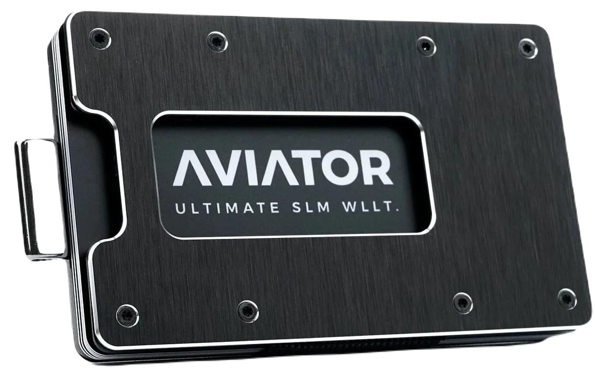 Aviator Wallet Brieftasche – RFID-Schutz, 20 Karten, Münzfach, Clip-Verschluss – 86 × 11 × 54 mm – Schwarz