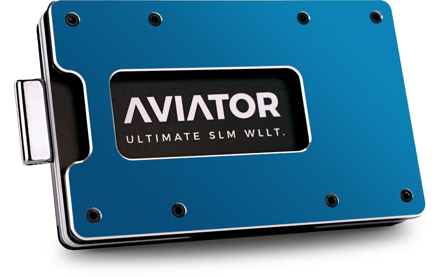 Aviator Wallet AVIATOR – Kartenetui – RFID-Schutz, Münzfach – 20 Karten, 85,6×10,5×54 mm – Blau – Aluminium – SLIDE AirTag