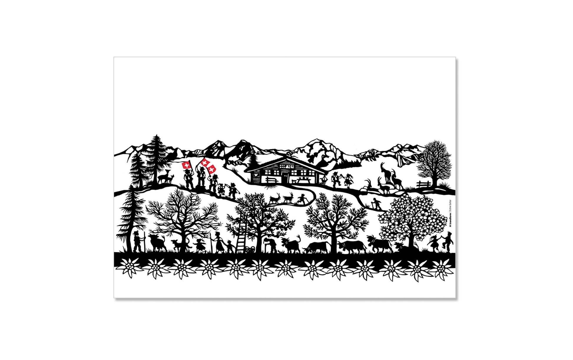 Trendform Tischset Swiss Tradition – Papier, Motiv Scherenschnitt Landleben, 42 × 29,7 cm
