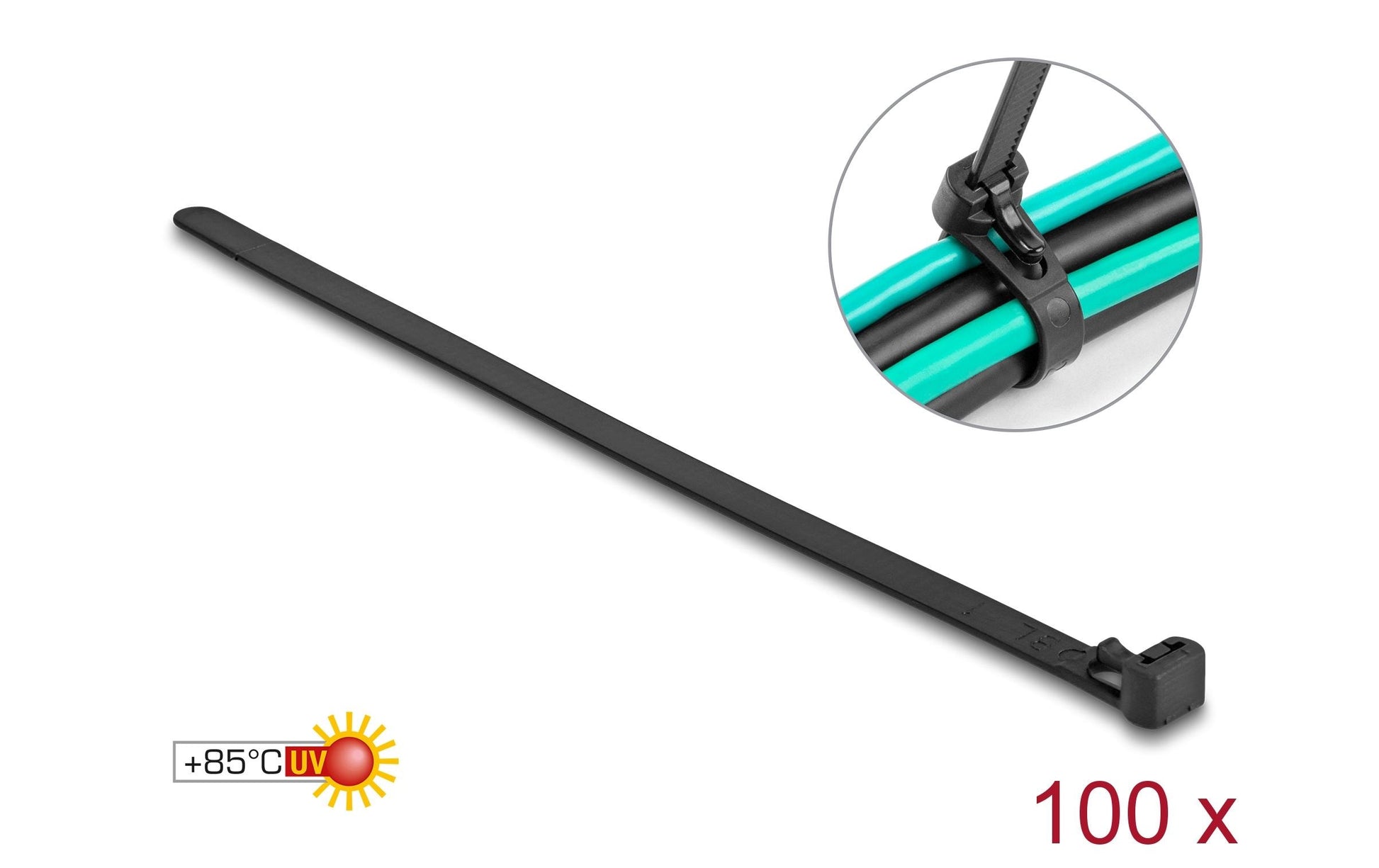 DeLOCK Klettkabelbinder, 150 mm × 7,5 mm, 100er-Pack – schwarz