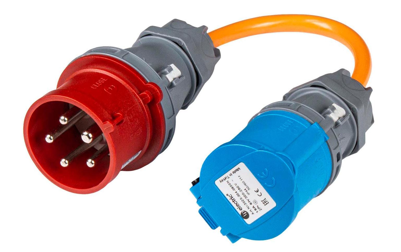 Normrahmen Adapterkabel, CEE 16-5 zu CEE 16-3, 0,2 m, 1,5 mm² – orange