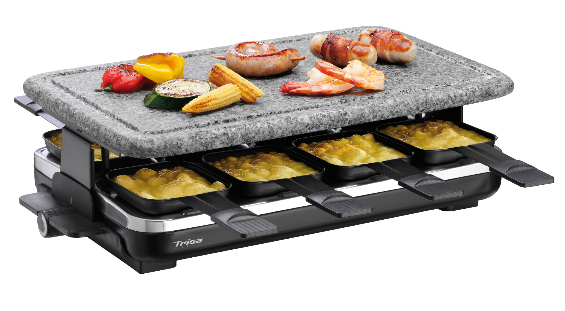 Trisa Electronics Trisa Raclette-Grill – 8 Personen, Hot Stone-Platte, 1500 W – Schwarz/Grau/Edelstahl