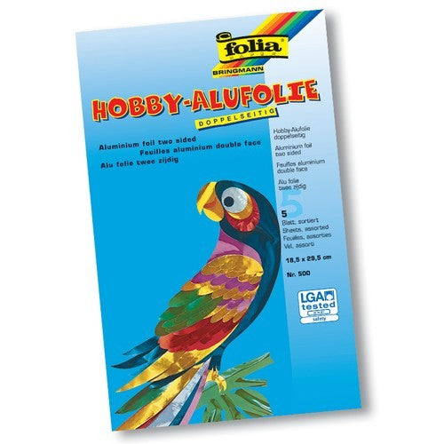 Folia Kunstpapier Alu-Bastelfolie – 18,5 × 29,5 cm, sortiert – 5 Blatt, doppelseitig aluminiumkaschiert