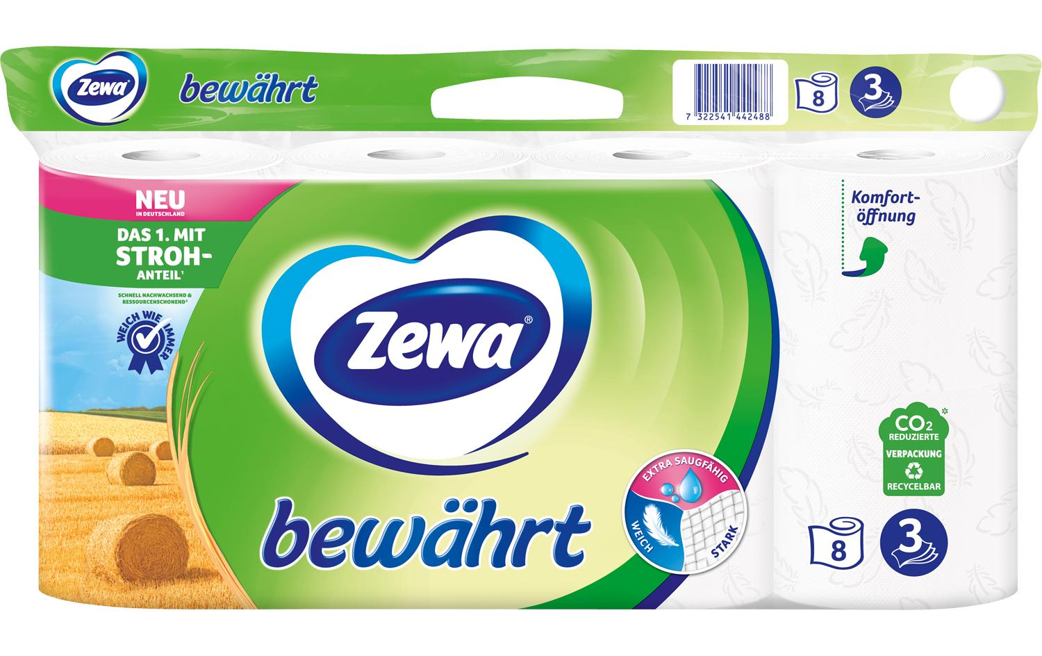 Zewa Bewährtes Toilettenpapier – 3-lagig, Zellstoff, 150 Blatt/Rolle – 8 Rollen