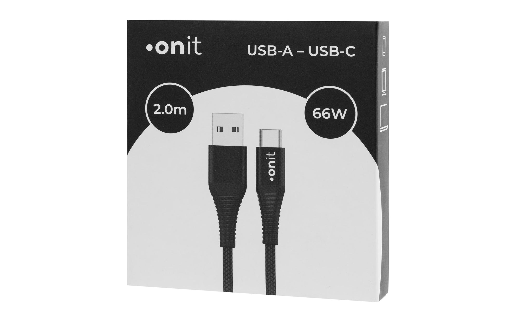 ONIT USB-Kabel – USB-A auf USB-C – USB 2.0 (480 Mbit/s) – 2 m – PD 66 W – Textilmantel – Schwarz