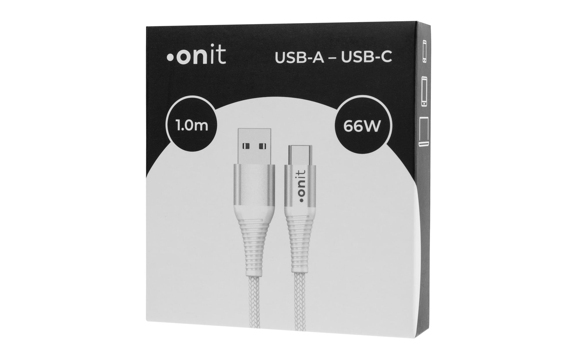 ONIT USB-Kabel – USB-A auf USB-C – USB 2.0 (480 Mbit/s) – 1 m – PD 66 W – Textilmantel, Nylon – Weiss