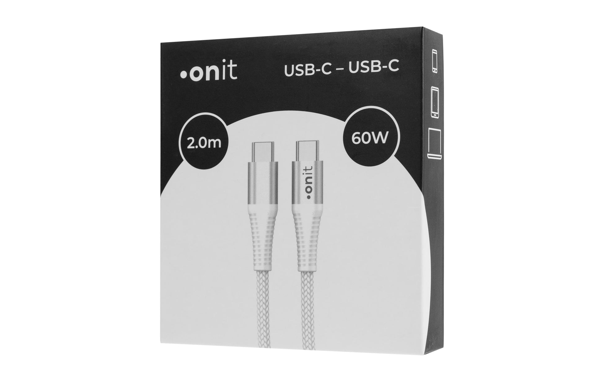 ONIT USB-C auf USB-C Kabel – USB 3.2 Gen 1 (5 Gbit/s) – 2 m – PD 60 W – Textilmantel – Weiss